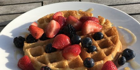 View of Belgian Waffles with Colorful Berries on a White Plate at The Dunes Restaurant