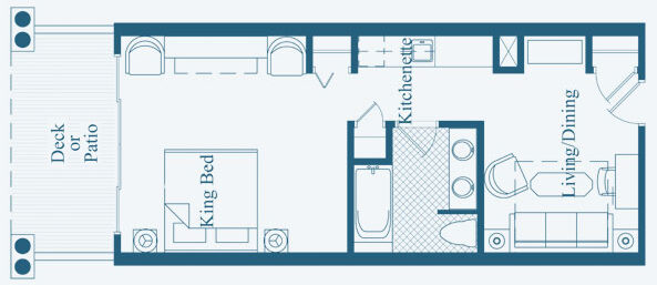 A floor plan of a 1 bedroom suite at the Winnetu Resort