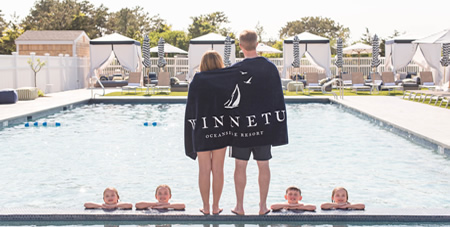 Mom & Dad Wrapped in Black Pool Towel with Kids Pool-Side at the New Winnetu Pool on Martha's Vineyard