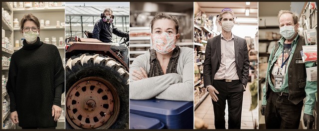 A group of 5 portrait-style photos of a variety of people with masks on